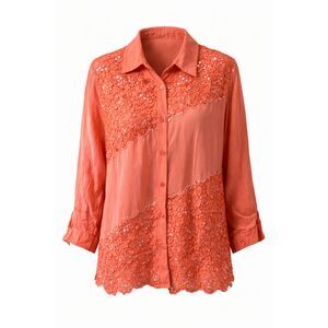 Diane Gilman Silk Lace Blouse Coral Orange Button Front Top L